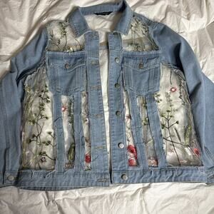 Davi & Dani Floral Embroidered Mesh Denim Jacket Light Wash Boho Cottagecore 1X
